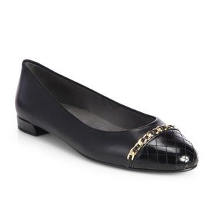 Stuart Weitzman Legacy Cap Toe Quilted leather and chain detail Ballet Flats